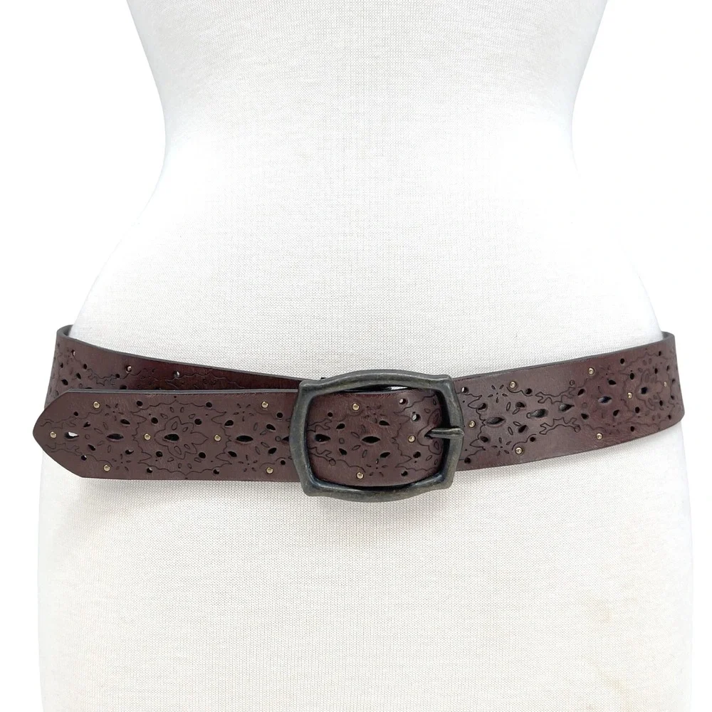 Tooled Leather Belt 44″ Brass‎ Studs Boho Western